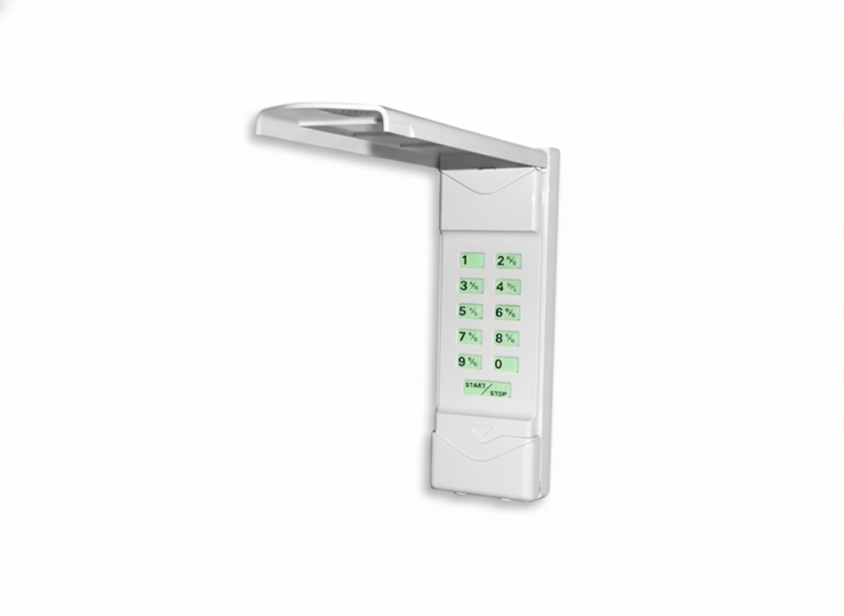 White, wall-mounted Linear Wireless Keypad with a hinged protective cover over the 12-button numeric pad. The keys are labeled with green and red accents for START and STOP functions, next to a product listing with a price of $45.00.