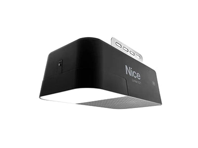 Black and white Nice Linear 621 garage door opener head unit mounted to the ceiling, featuring integrated LED lighting and the 'NICE LINEAR' logo. Rail options for 7-foot and 8-foot chain and belt drives are shown, with a base price of $299.00.