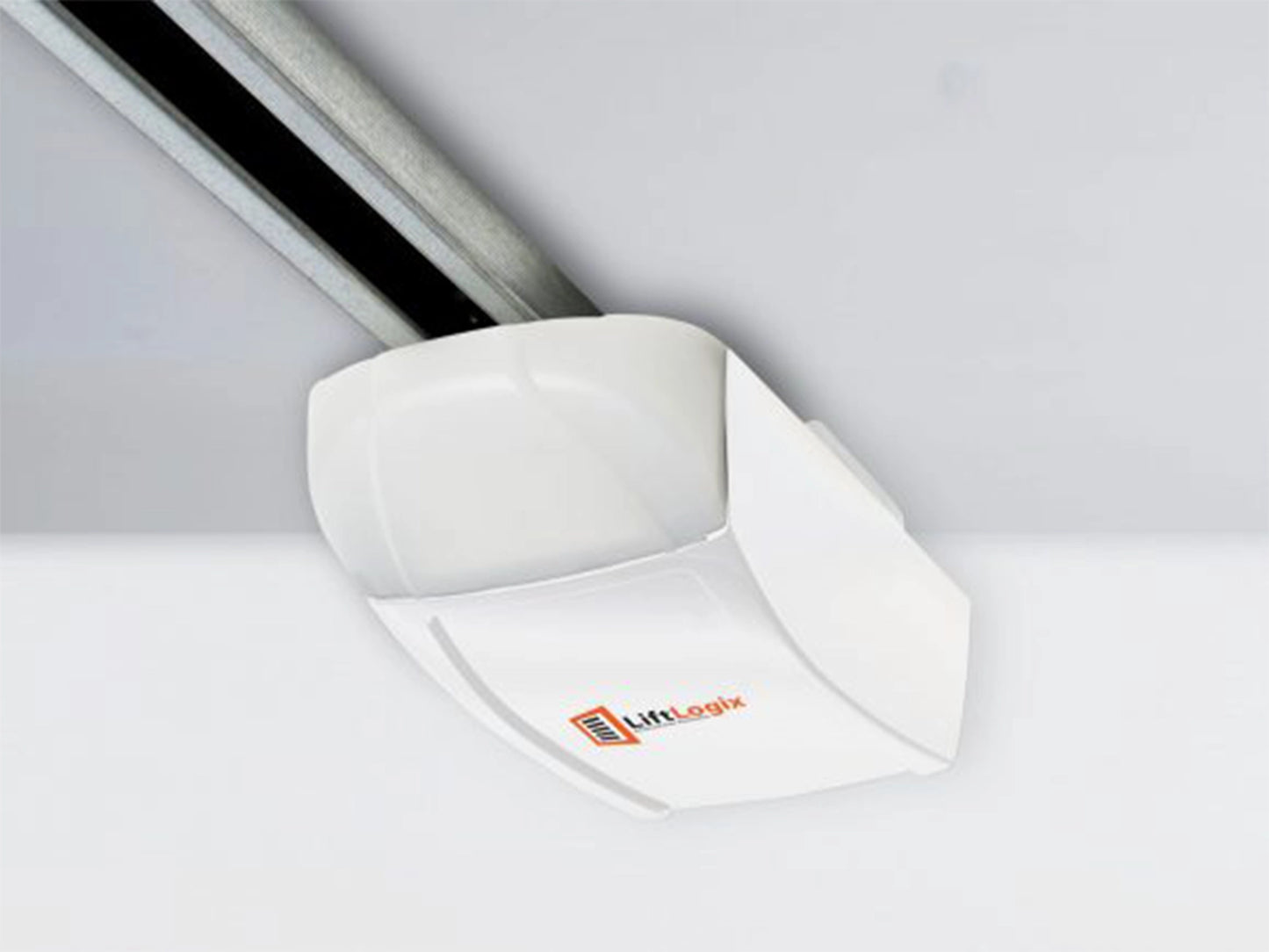 LiftLogix 5500 garage door opener head unit with a white and orange design mounted to a rail. The listing shows rail options up to 10 feet, the included photo eye safety system, and accessories like a wall station and keyless entry, with a sale price of $1,265.65.