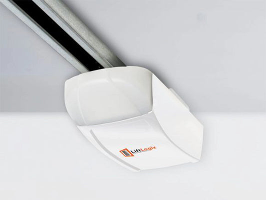 LiftLogix 5500 garage door opener head unit with a white and orange design mounted to a rail. The listing shows rail options up to 10 feet, the included photo eye safety system, and accessories like a wall station and keyless entry, with a sale price of $1,265.65.