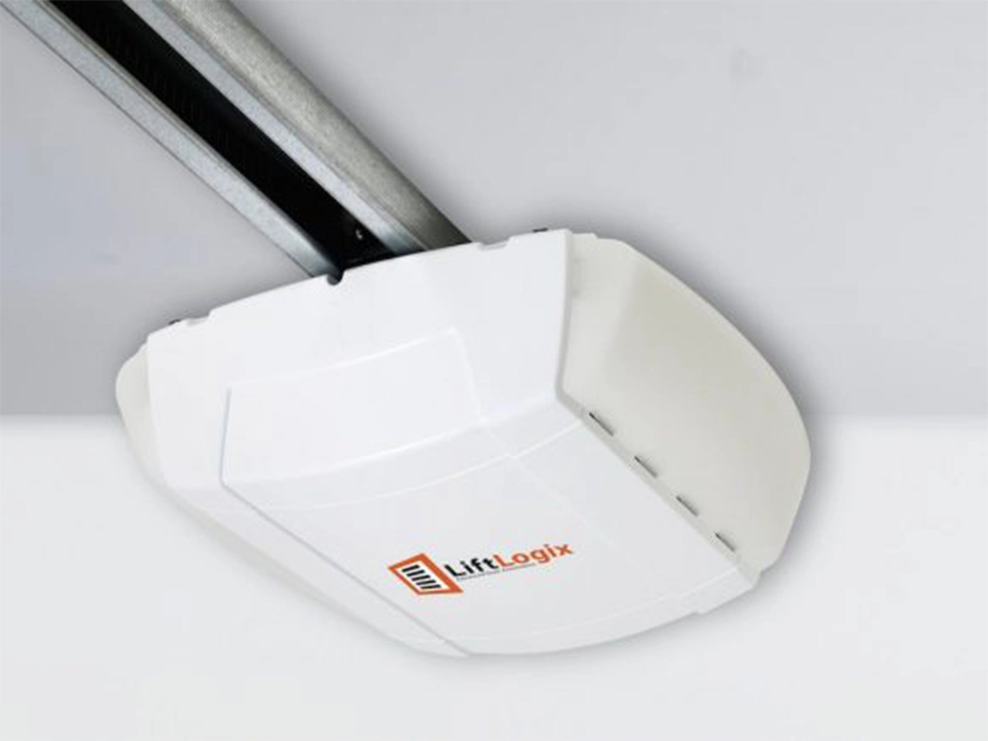 LiftLogix 8500 garage door opener head unit with a sleek white and orange design, mounted to a chain rail on the ceiling. The listing shows options for chain and belt rails up to 10 feet, compatible accessories, and a sale price of $1,401.65.