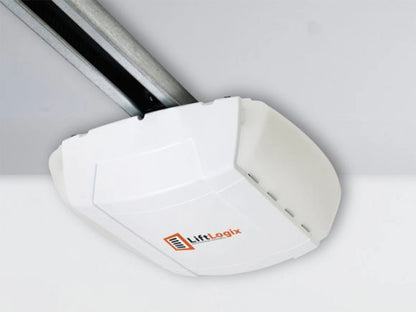 LiftLogix 8500 garage door opener head unit with a sleek white and orange design, mounted to a chain rail on the ceiling. The listing shows options for chain and belt rails up to 10 feet, compatible accessories, and a sale price of $1,401.65.