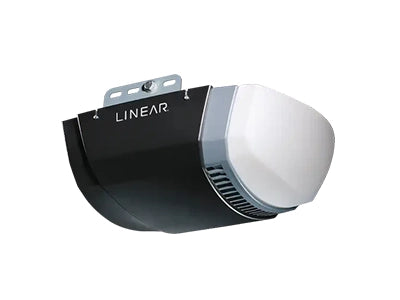 Black and white Linear DC-Powered Garage Door Operator head unit mounted to the ceiling, next to a list of rail options and accessories. The base price for the 7-foot Chain Rail kit is $389.00.